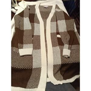 Lark & Grey 1XL Buffalo Check Open Front Cardigan Sweater Brown White Long SLV
